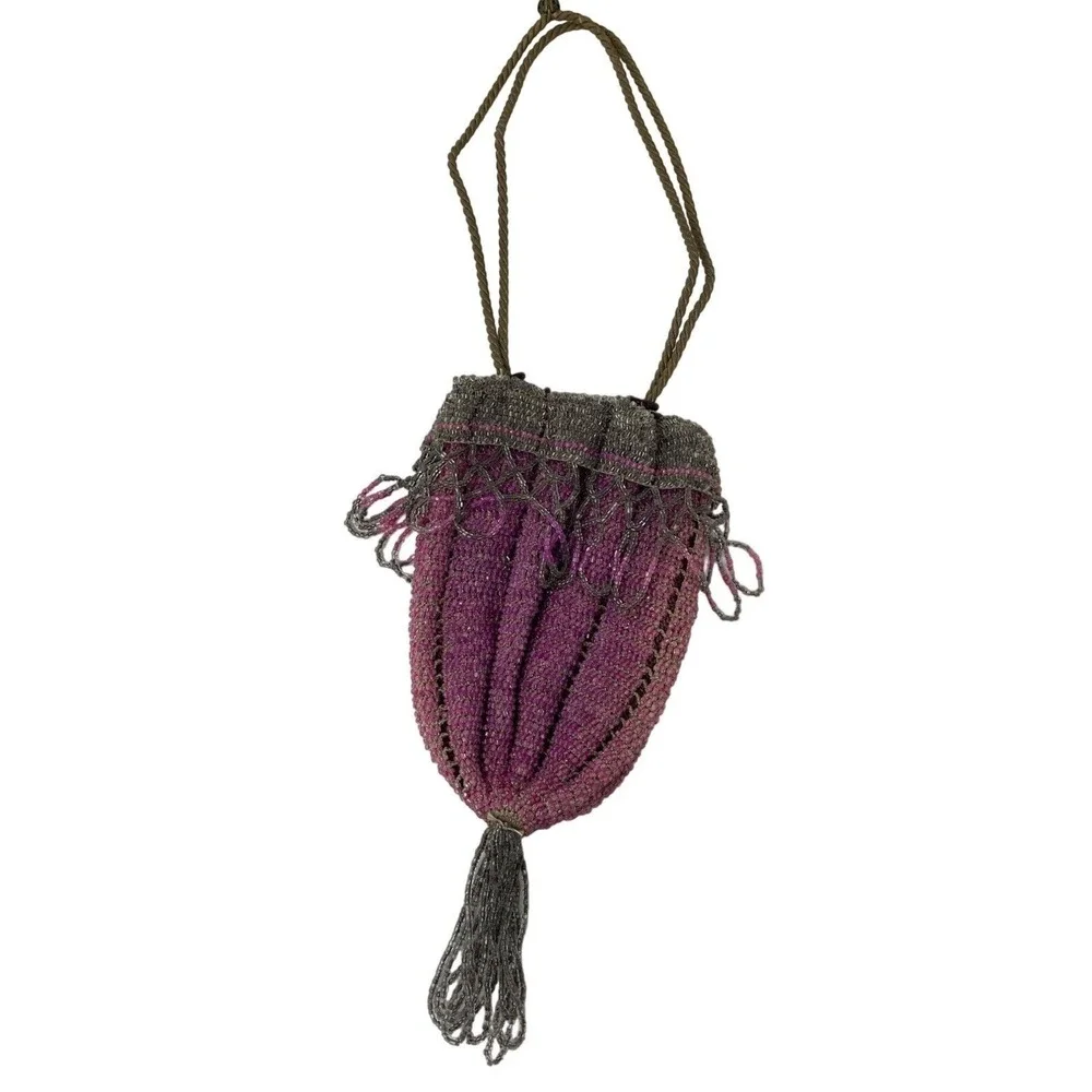 Glass Bead Drawstring Flapper Purse Manganese‎ Cadmium 1920s Purple UV Reactive